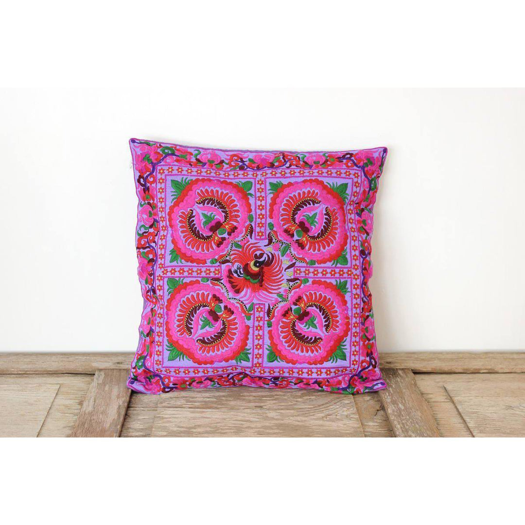Hmong Bird Embroidered Pillow Cover - Thailand-Decor-Lumily-Purple & Red-Lumily MZ Fair Trade Nena & Co Hiptipico Novica Lucia's World emporium