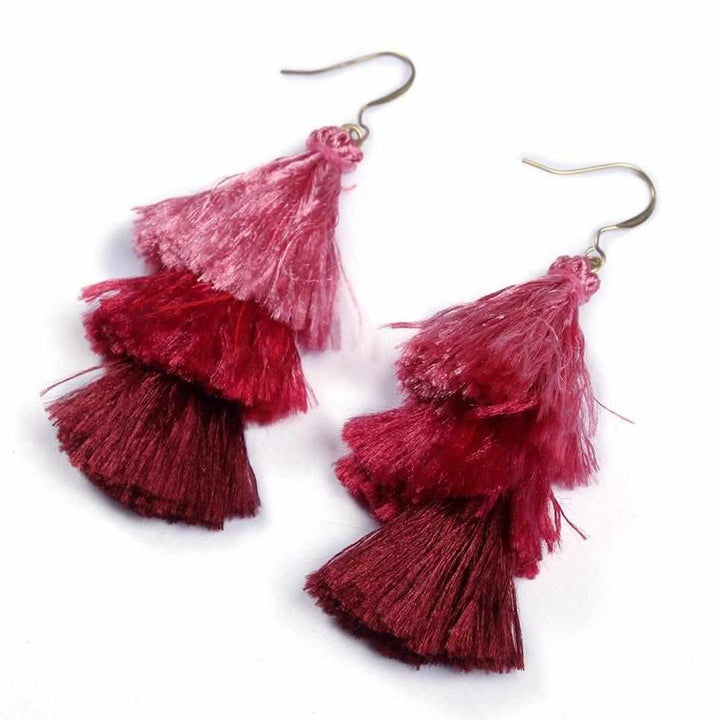Nora Triple Tassel Silk Earrings - Thailand-Jewelry-Kannika Chimkam-Pink-Lumily MZ Fair Trade Nena & Co Hiptipico Novica Lucia's World emporium