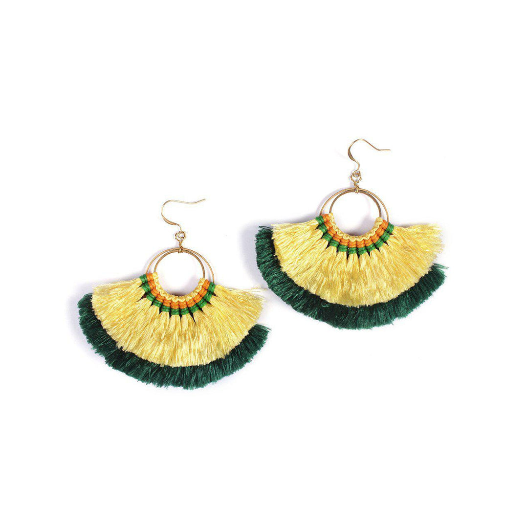 Double Fan Tassel Earrings - Thailand-Jewelry-Kannika Chimkam-Yellow & Green-Lumily MZ Fair Trade Nena & Co Hiptipico Novica Lucia's World emporium
