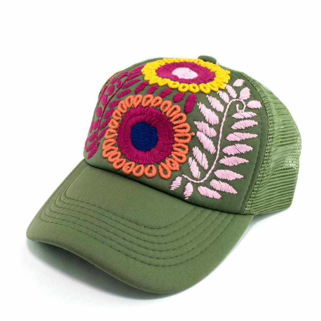 Tulum Hand Embroidered Trucker Flower Hat - Mexico-Apparel-Lumily-Green-Lumily MZ Fair Trade Nena & Co Hiptipico Novica Lucia's World emporium