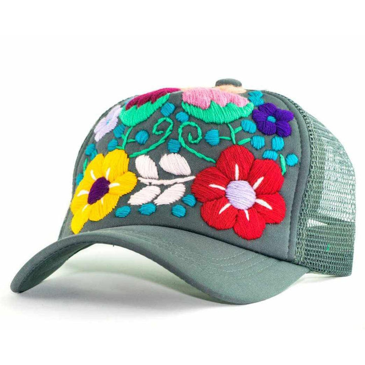 Tulum Hand Embroidered Trucker Flower Hat - Mexico-Apparel-Lumily-Grey-Lumily MZ Fair Trade Nena & Co Hiptipico Novica Lucia's World emporium