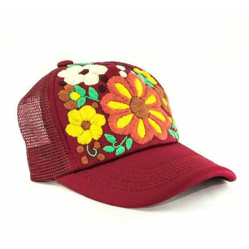 Tulum Hand Embroidered Trucker Flower Hat - Mexico-Apparel-Lumily-Maroon-Lumily MZ Fair Trade Nena & Co Hiptipico Novica Lucia's World emporium