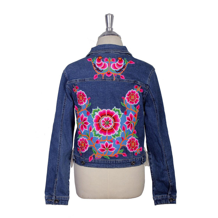 One-of-a-Kind Embroidered Tween Flower Denim Fringe Jacket - Thailand-Apparel-Lumily-Pink & Blue Floral-Lumily MZ Fair Trade Nena & Co Hiptipico Novica Lucia's World emporium