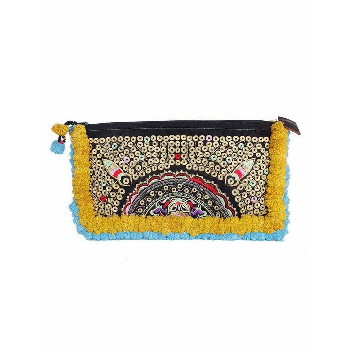 Double Pompom Embroidered Hmong Clutch - Thailand-Bags-Lumily-Yellow Blue-Lumily MZ Fair Trade Nena & Co Hiptipico Novica Lucia's World emporium