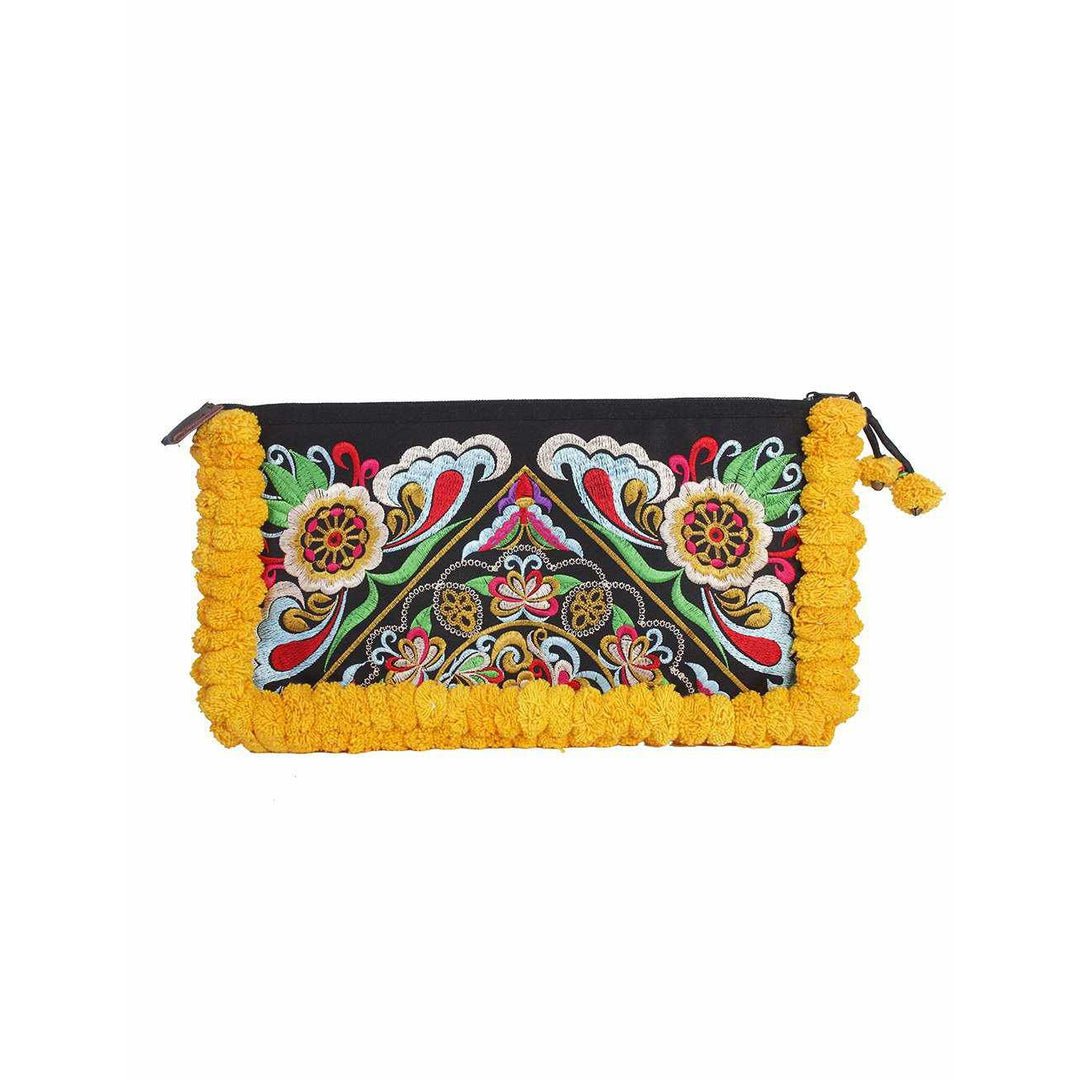Double Pompom Embroidered Hmong Clutch - Thailand-Bags-Lumily-Yellow Black-Lumily MZ Fair Trade Nena & Co Hiptipico Novica Lucia's World emporium