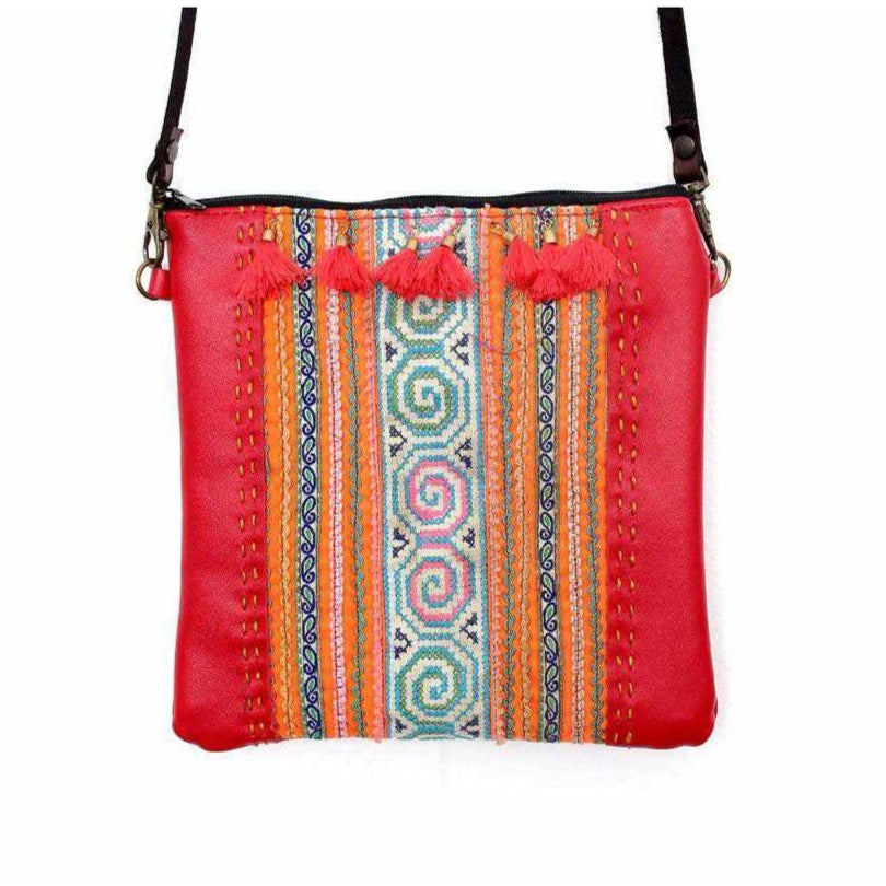 Hmong Fabric and Leather Crossbody Bag - Thailand-Bags-Lumily-Orange-Lumily MZ Fair Trade Nena & Co Hiptipico Novica Lucia's World emporium