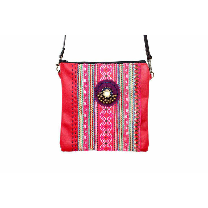 Hmong Fabric and Leather Crossbody Bag - Thailand-Bags-Lumily-Red-Lumily MZ Fair Trade Nena & Co Hiptipico Novica Lucia's World emporium