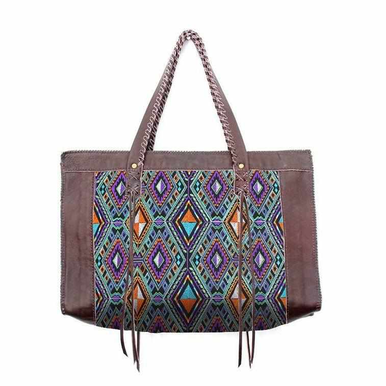 Leather Boho Tribal Tote Bag - Thailand-Bags-Lumily-Blue-Lumily MZ Fair Trade Nena & Co Hiptipico Novica Lucia's World emporium