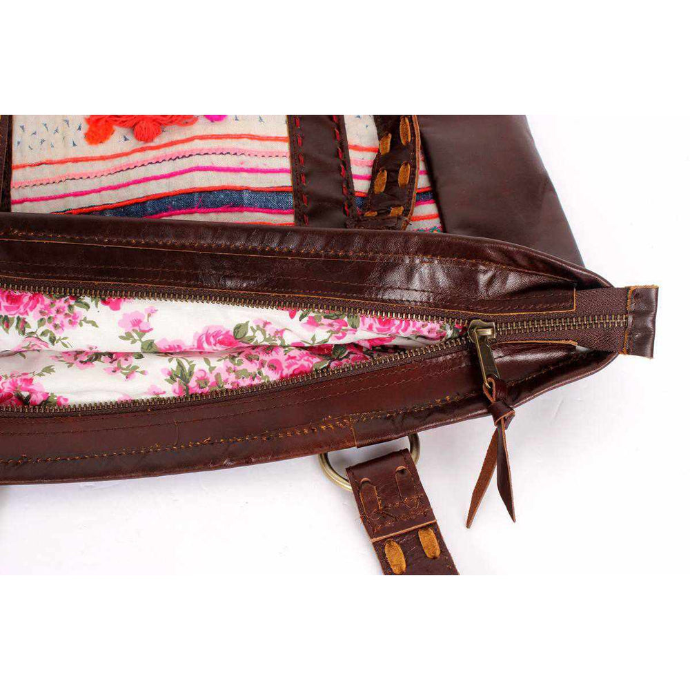 Leather Upcycled Vintage Hmong Fabric Tote Bag - Thailand-Bags-Lumily-Lumily MZ Fair Trade Nena & Co Hiptipico Novica Lucia's World emporium