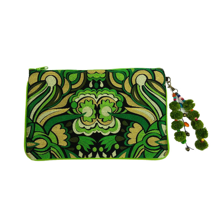 Soila Embroidered Pompom Clutch | iPad Bag - Thailand-Bags-Lumily-Green-Lumily MZ Fair Trade Nena & Co Hiptipico Novica Lucia's World emporium