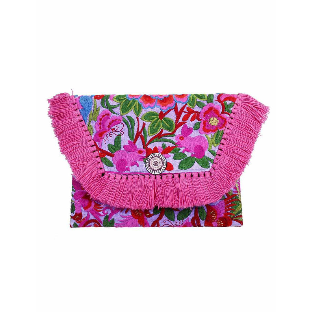 Embroidered Multi Tassel Bird Clutch Bag - Thailand-Bags-Lumily-Floral Pink-Lumily MZ Fair Trade Nena & Co Hiptipico Novica Lucia's World emporium