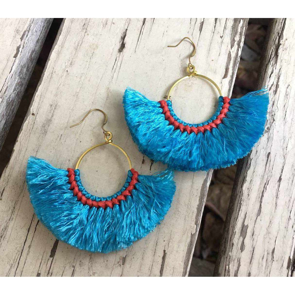 Half Moon Silk Tassel Handcrafted Earrings - Thailand-Jewelry-Kannika Chimkam-Blue-Lumily MZ Fair Trade Nena & Co Hiptipico Novica Lucia's World emporium