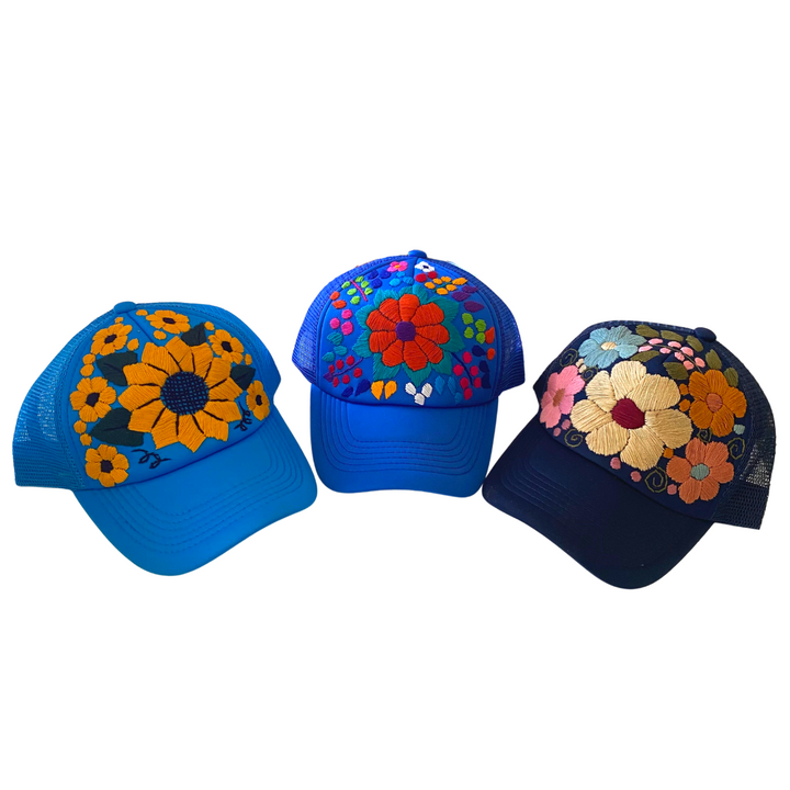 Tulum Hand Embroidered Trucker Flower Hat - Mexico-Apparel-Lumily-Blue Assorted-Lumily MZ Fair Trade Nena & Co Hiptipico Novica Lucia's World emporium
