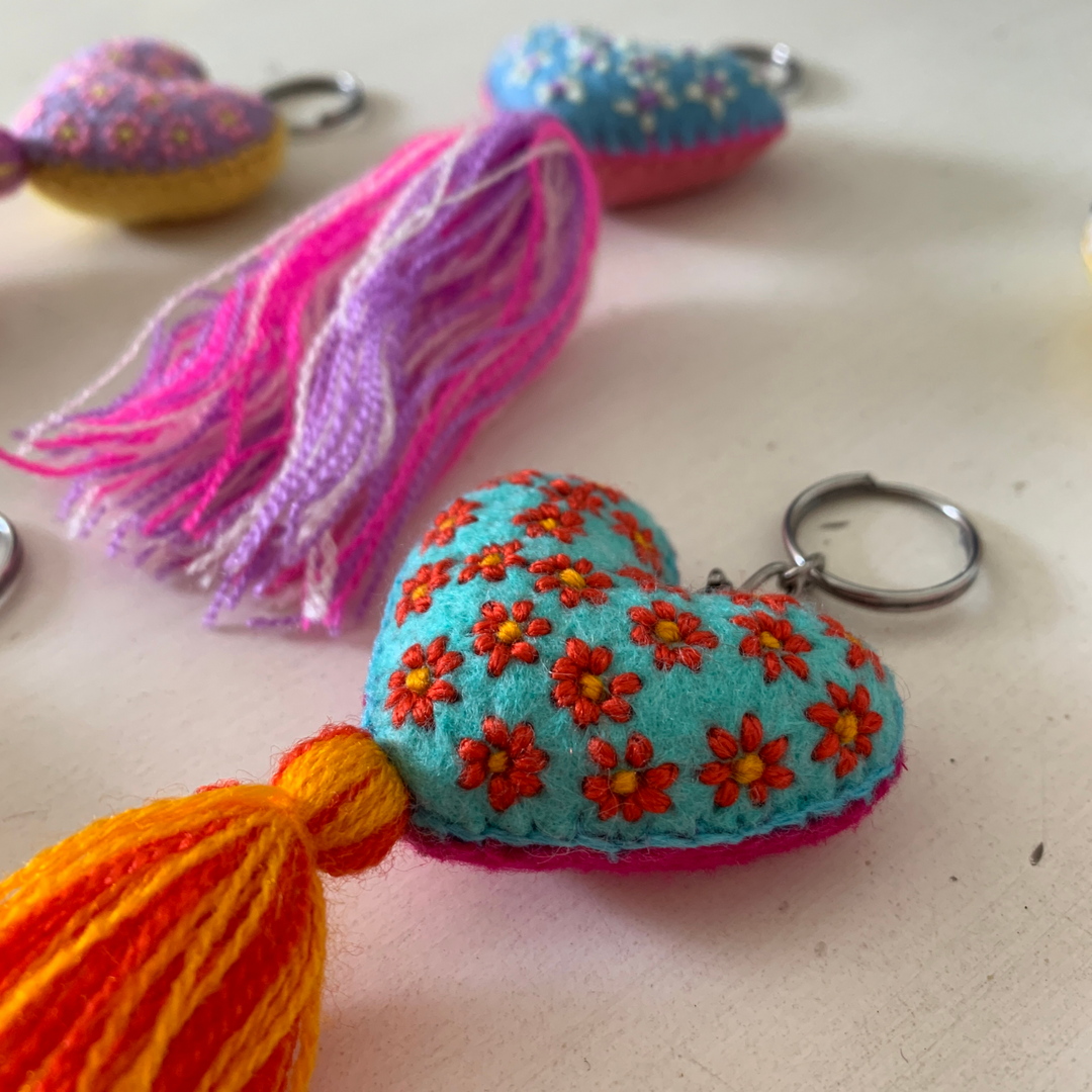 Embroidered Love Heart Tassel Keychain - Mexico-Keychains-Rebeca y Francisco (Mexico)-Lumily MZ Fair Trade Nena & Co Hiptipico Novica Lucia's World emporium
