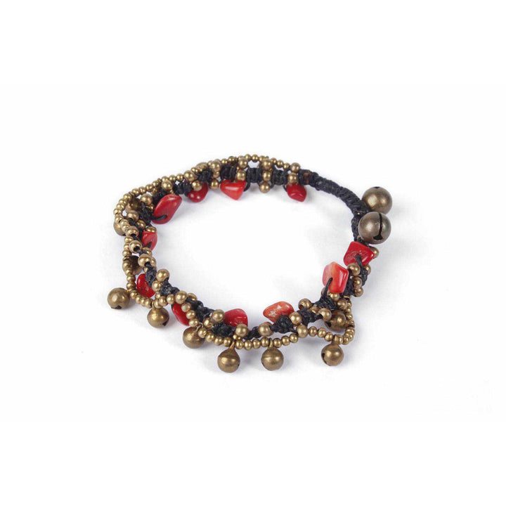 BUNDLE: Red Stone & Brass Bells Bracelet 15 Pieces - Thailand-Bracelets-Lumily-Lumily MZ Fair Trade Nena & Co Hiptipico Novica Lucia's World emporium