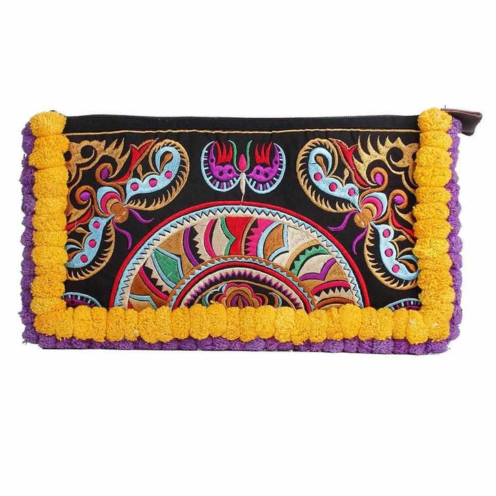 Double Pompom Embroidered Hmong Clutch - Thailand-Bags-Lumily-Yellow Purple-Lumily MZ Fair Trade Nena & Co Hiptipico Novica Lucia's World emporium