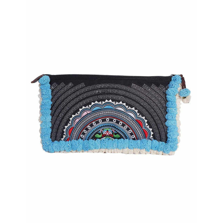 Double Pompom Embroidered Hmong Clutch - Thailand-Bags-Lumily-Black Blue-Lumily MZ Fair Trade Nena & Co Hiptipico Novica Lucia's World emporium