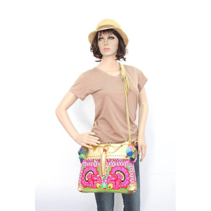 Hand Woven Leather Bag Vintage Pom Poms Strap - Thailand-Bags-Lumily-Lumily MZ Fair Trade Nena & Co Hiptipico Novica Lucia's World emporium