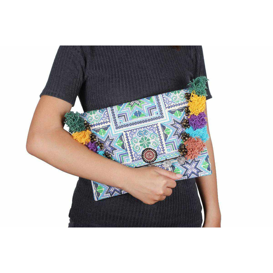 Embroidered Multi Tassel Clutch Bag | IPad Case - Thailand-Bags-Lumily-Light Blue-Lumily MZ Fair Trade Nena & Co Hiptipico Novica Lucia's World emporium