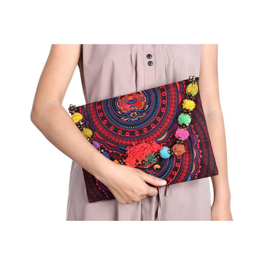 Pom Pom Embroidered Tribal Clutch | iPad Bag - Thailand-Bags-Lumily-Lumily MZ Fair Trade Nena & Co Hiptipico Novica Lucia's World emporium