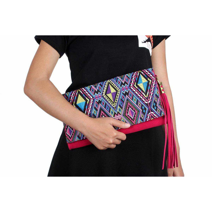 Leather Clutch with Geometric Embroidery Bag - Thailand-Bags-Lumily-Lumily MZ Fair Trade Nena & Co Hiptipico Novica Lucia's World emporium