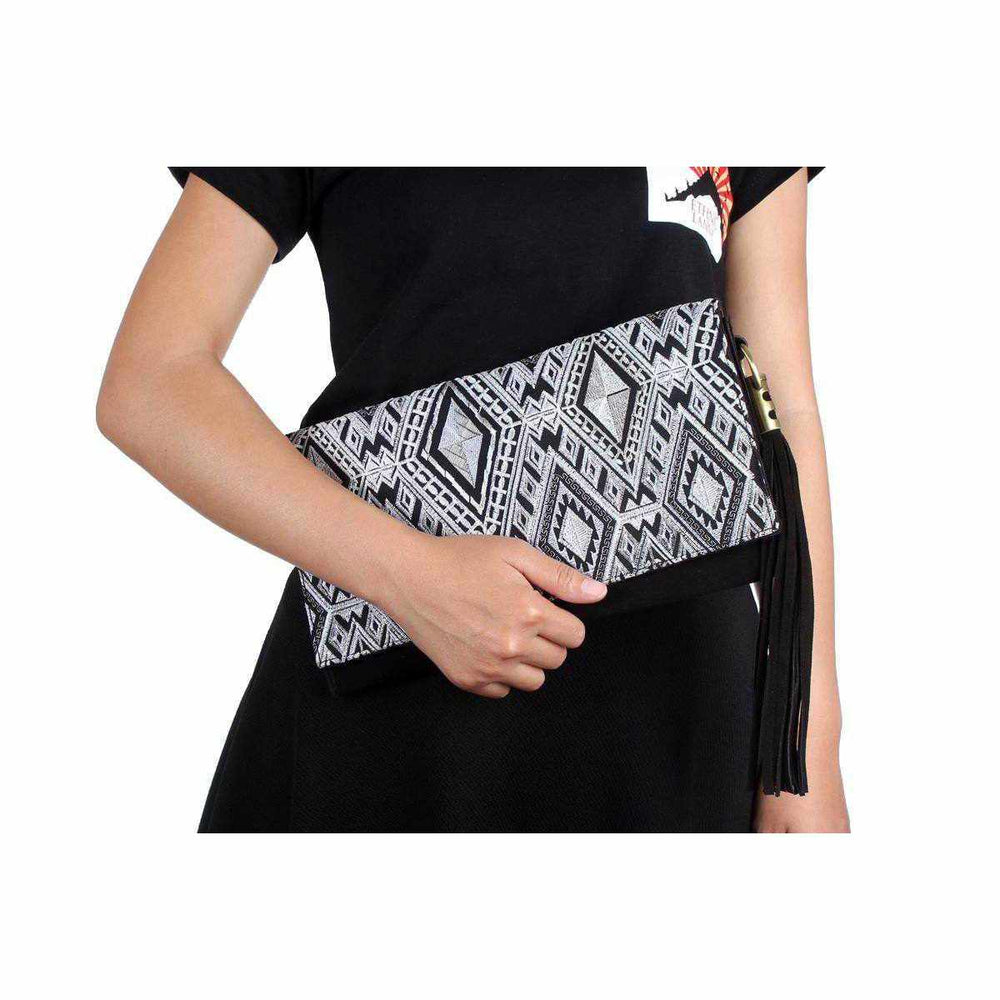 Leather Clutch with Geometric Embroidery Bag - Thailand-Clutch-Pranee Shop-Lumily Fair Trade Handmade