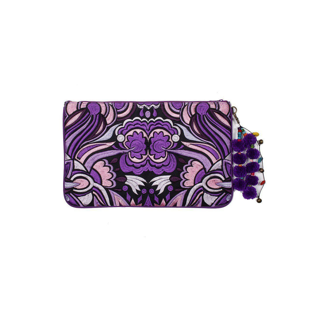 Soila Embroidered Pompom Clutch | iPad Bag - Thailand-Bags-Lumily-Purple-Lumily MZ Fair Trade Nena & Co Hiptipico Novica Lucia's World emporium