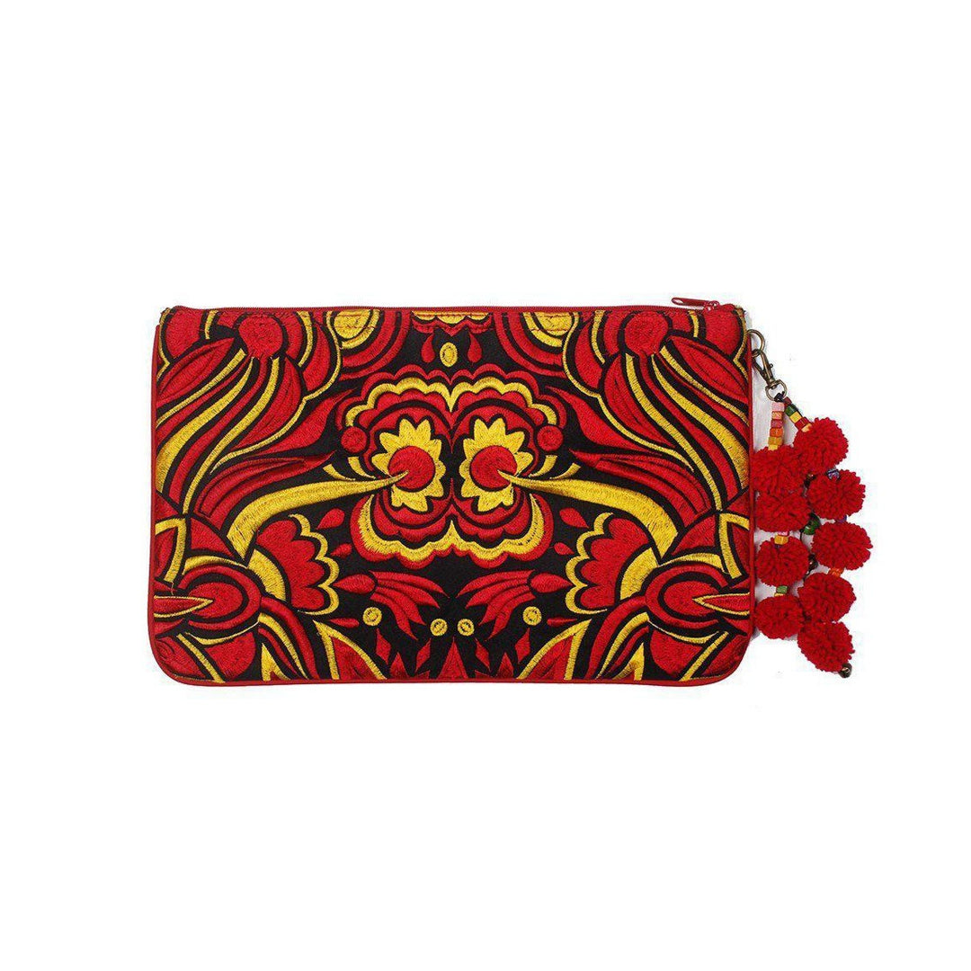 Soila Embroidered Pompom Clutch | iPad Bag - Thailand-Bags-Lumily-Red-Lumily MZ Fair Trade Nena & Co Hiptipico Novica Lucia's World emporium