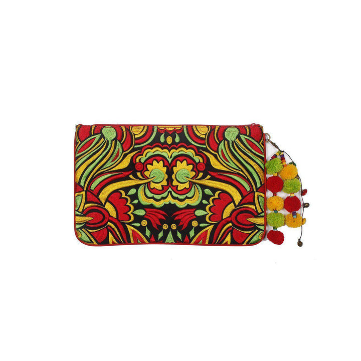 Soila Embroidered Pompom Clutch | iPad Bag - Thailand-Bags-Lumily-Yellow-Lumily MZ Fair Trade Nena & Co Hiptipico Novica Lucia's World emporium