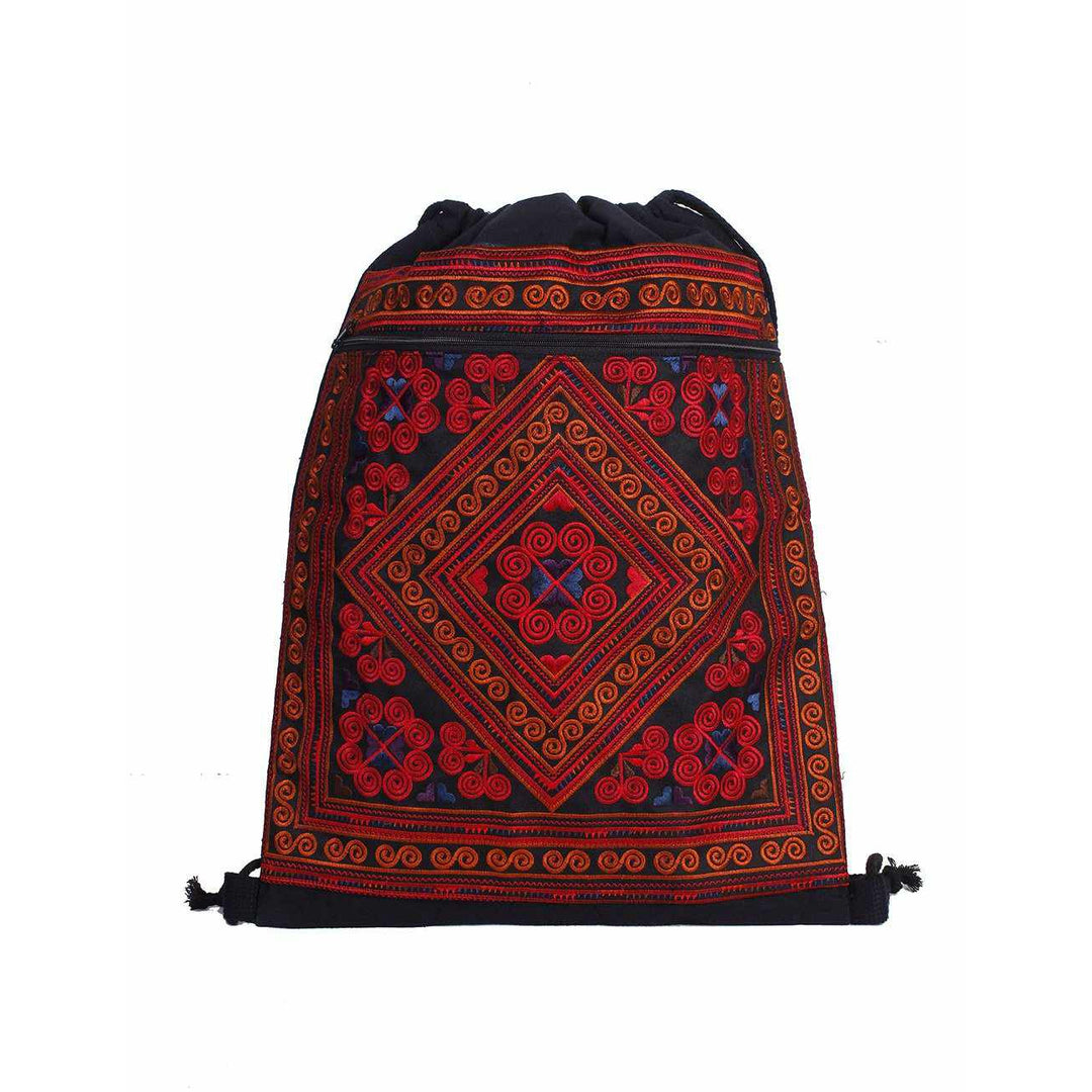 Geometric Pull-String Everyday Embroidered Backpack - Thailand-Bags-Lumily-Red-Lumily MZ Fair Trade Nena & Co Hiptipico Novica Lucia's World emporium