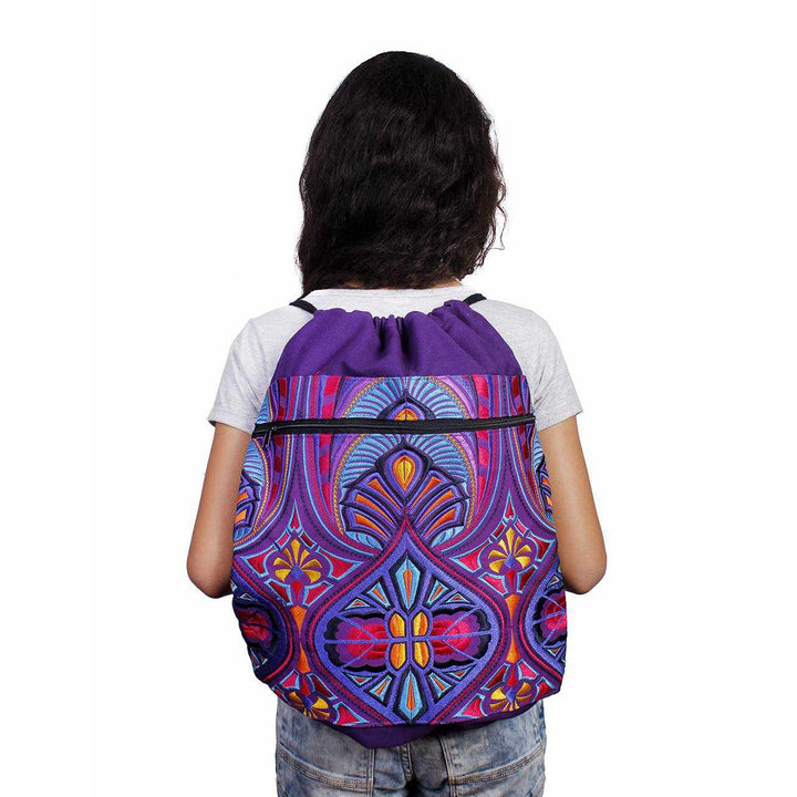 Geometric Pull-String Everyday Embroidered Backpack - Thailand-Bags-Lumily-Red-Lumily MZ Fair Trade Nena & Co Hiptipico Novica Lucia's World emporium