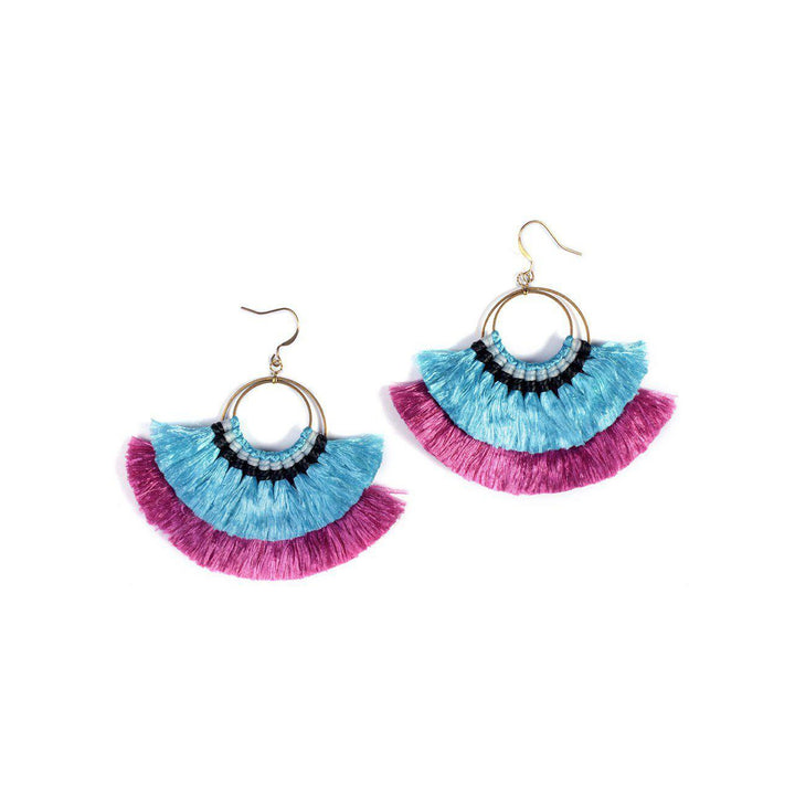 Double Fan Tassel Earrings - Thailand-Jewelry-Kannika Chimkam-Blue & Pink-Lumily MZ Fair Trade Nena & Co Hiptipico Novica Lucia's World emporium