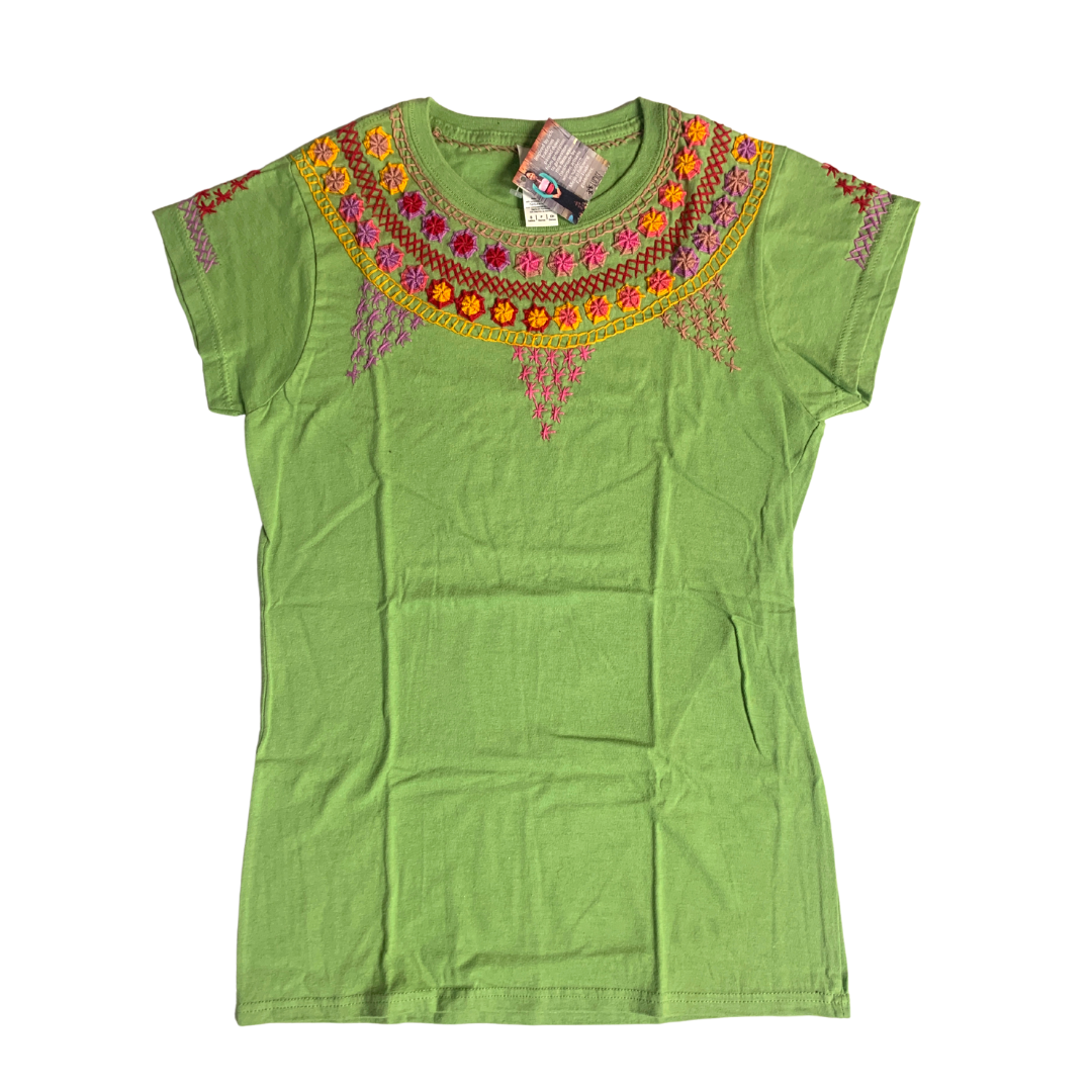 Luzy Hand Embroidered Fitted T-Shirt - Mexico-Apparel-Lumily-Small-Green-Lumily MZ Fair Trade Nena & Co Hiptipico Novica Lucia's World emporium