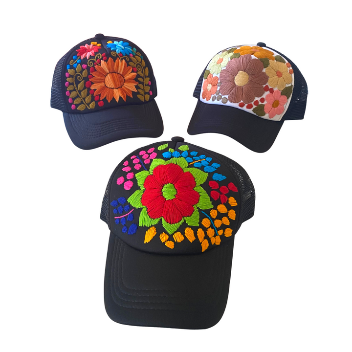 Tulum Hand Embroidered Trucker Flower Hat - Mexico-Apparel-Lumily-Black Assorted-Lumily MZ Fair Trade Nena & Co Hiptipico Novica Lucia's World emporium