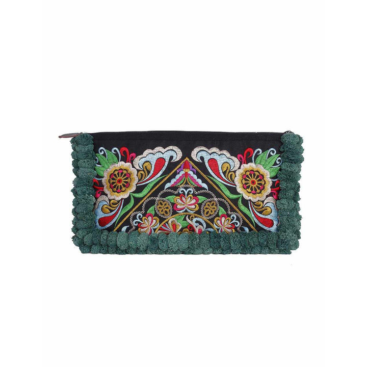 Double Pompom Embroidered Hmong Clutch - Thailand-Bags-Lumily-Dark Green-Lumily MZ Fair Trade Nena & Co Hiptipico Novica Lucia's World emporium