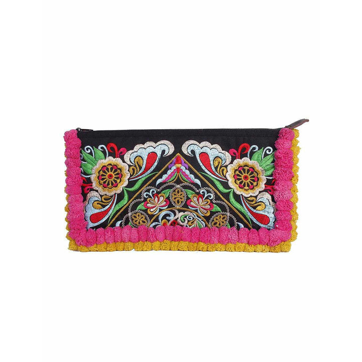 Double Pompom Embroidered Hmong Clutch - Thailand-Bags-Lumily-Pink Yellow-Lumily MZ Fair Trade Nena & Co Hiptipico Novica Lucia's World emporium