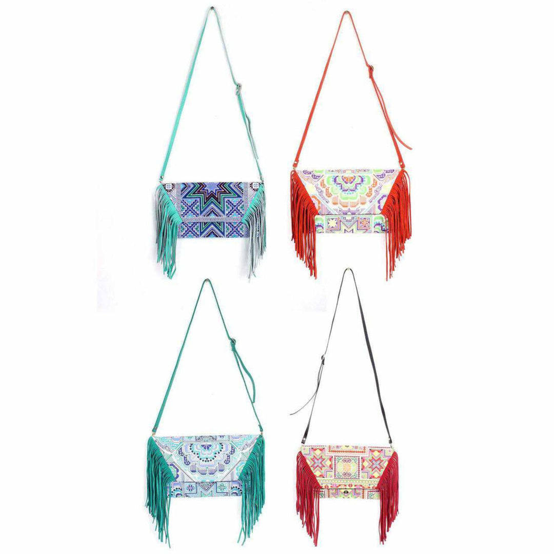 BUNDLE: Embroidery & Leather Fringe Crossbody Bag - 4 Pieces - Thailand-Bags-Lumily-Leather Bag-Lumily MZ Fair Trade Nena & Co Hiptipico Novica Lucia's World emporium