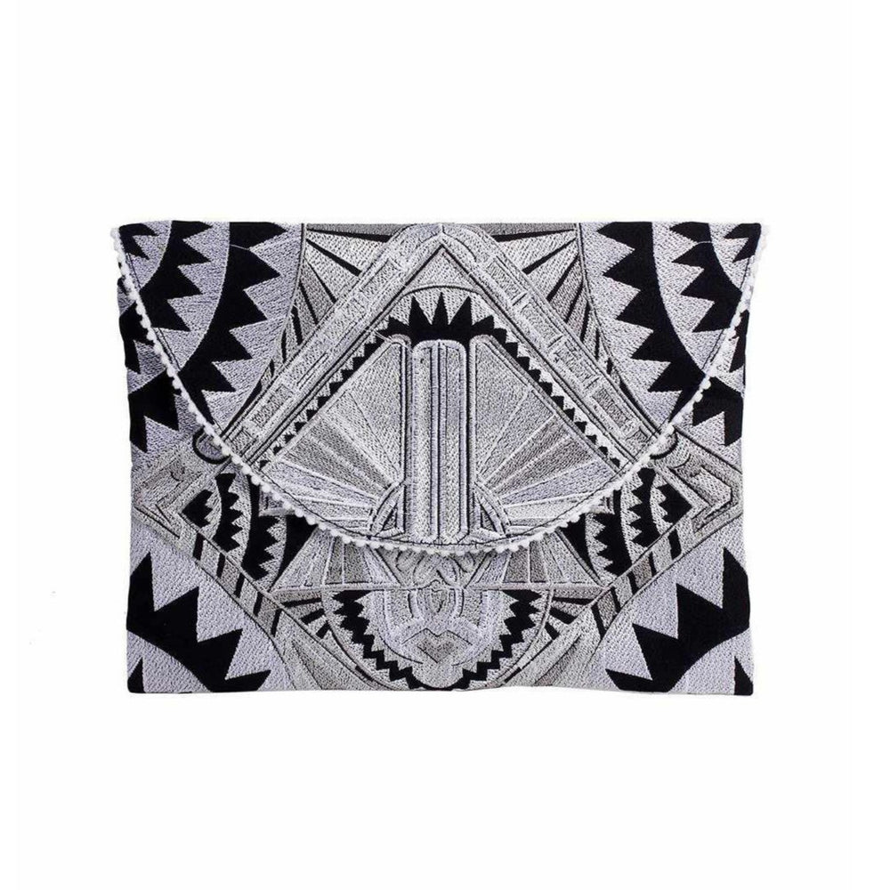 Tribal Embroidered Clutch Pompom Bag- Thailand-Bags-Lumily-Silver-Lumily MZ Fair Trade Nena & Co Hiptipico Novica Lucia's World emporium
