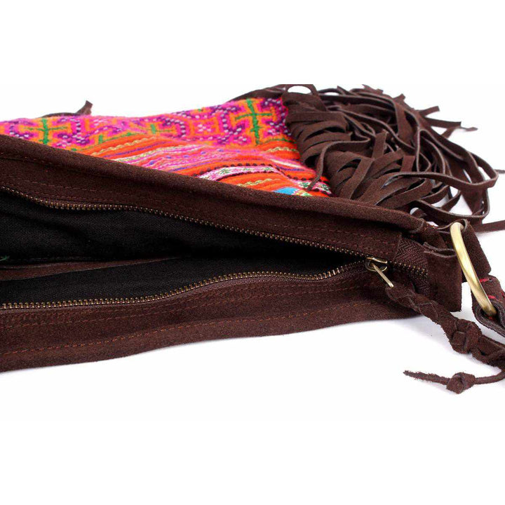 Leather Fringe Embroidered Crossbody Bag - Thailand-Bags-Lumily-Lumily MZ Fair Trade Nena & Co Hiptipico Novica Lucia's World emporium