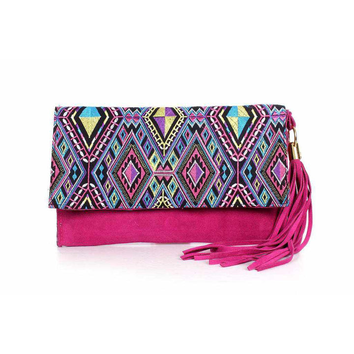 Leather Clutch with Geometric Embroidery Bag - Thailand-Bags-Lumily-Pink-Lumily MZ Fair Trade Nena & Co Hiptipico Novica Lucia's World emporium