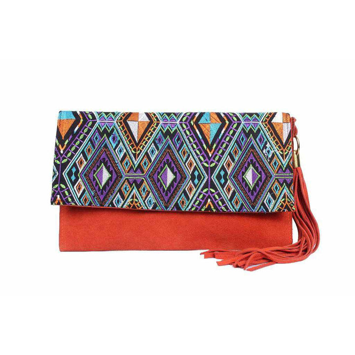 Leather Clutch with Geometric Embroidery Bag - Thailand-Bags-Lumily-Orange-Lumily MZ Fair Trade Nena & Co Hiptipico Novica Lucia's World emporium