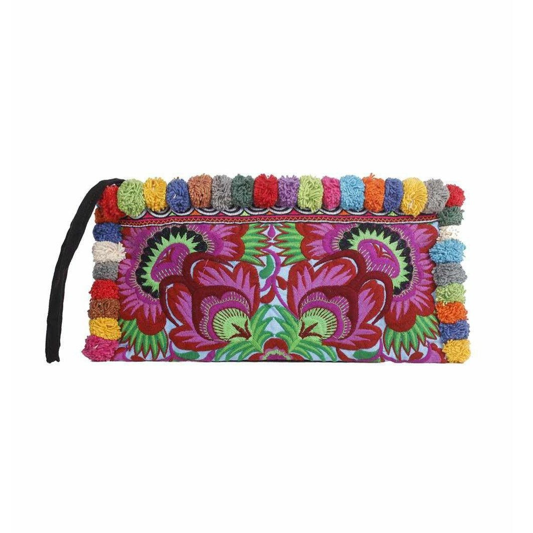Rocio Multi-Color Pom Pom Wristlet Bag - Thailand-Bags-Lumily-Blue-Lumily MZ Fair Trade Nena & Co Hiptipico Novica Lucia's World emporium