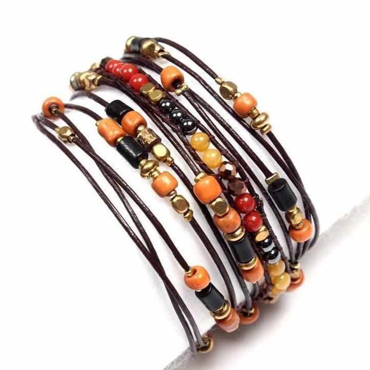 5-Wrap Leather & Beads Bracelet / Necklace - Thailand-Jewelry-Tontor Jewelry JJ-Orange-Lumily MZ Fair Trade Nena & Co Hiptipico Novica Lucia's World emporium