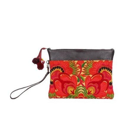 Embroidered Flower Leather Trim Wristlet - Thailand-Bags-Lumily-Red-Lumily MZ Fair Trade Nena & Co Hiptipico Novica Lucia's World emporium