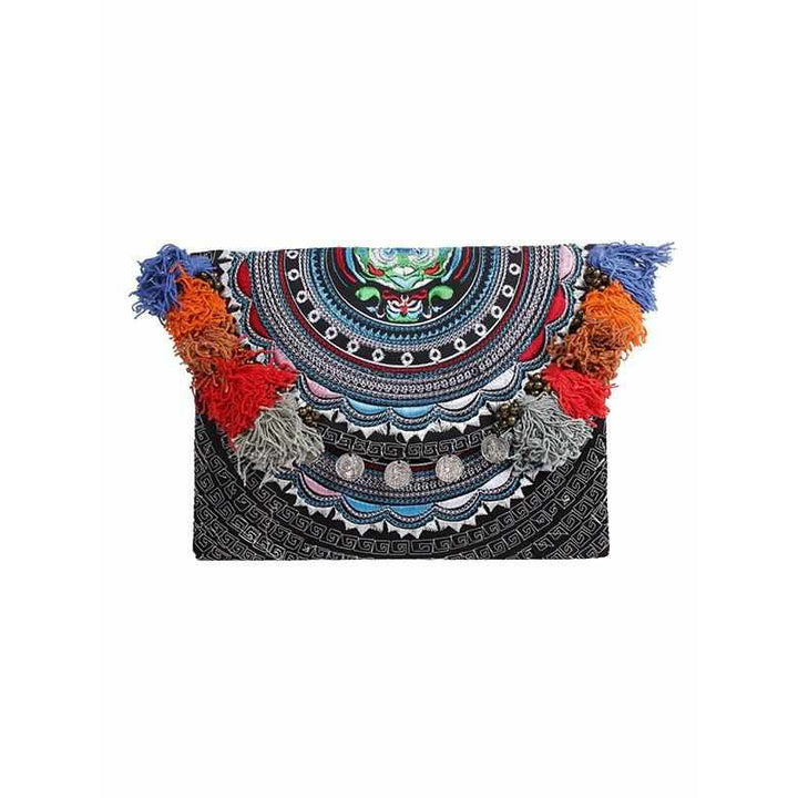 Embroidered Multi Tassel Clutch Bag | IPad Case - Thailand-Bags-Lumily-Black-Lumily MZ Fair Trade Nena & Co Hiptipico Novica Lucia's World emporium