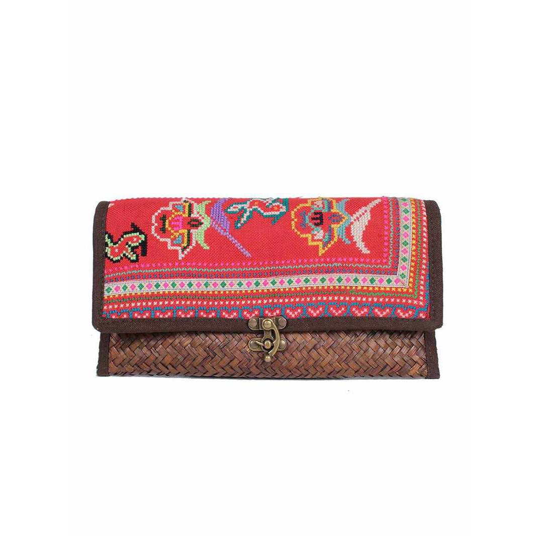 Boho Rattan Clutch with Vintage Embroidery - Thailand-Bags-Lumily-Red-Lumily MZ Fair Trade Nena & Co Hiptipico Novica Lucia's World emporium