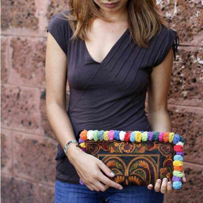 Rocio Multi-Color Pom Pom Wristlet Bag - Thailand-Bags-Lumily-Lumily MZ Fair Trade Nena & Co Hiptipico Novica Lucia's World emporium