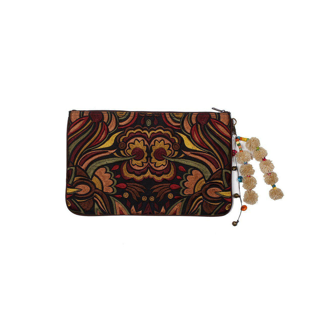 Soila Embroidered Pompom Clutch | iPad Bag - Thailand-Bags-Lumily-Brown-Lumily MZ Fair Trade Nena & Co Hiptipico Novica Lucia's World emporium