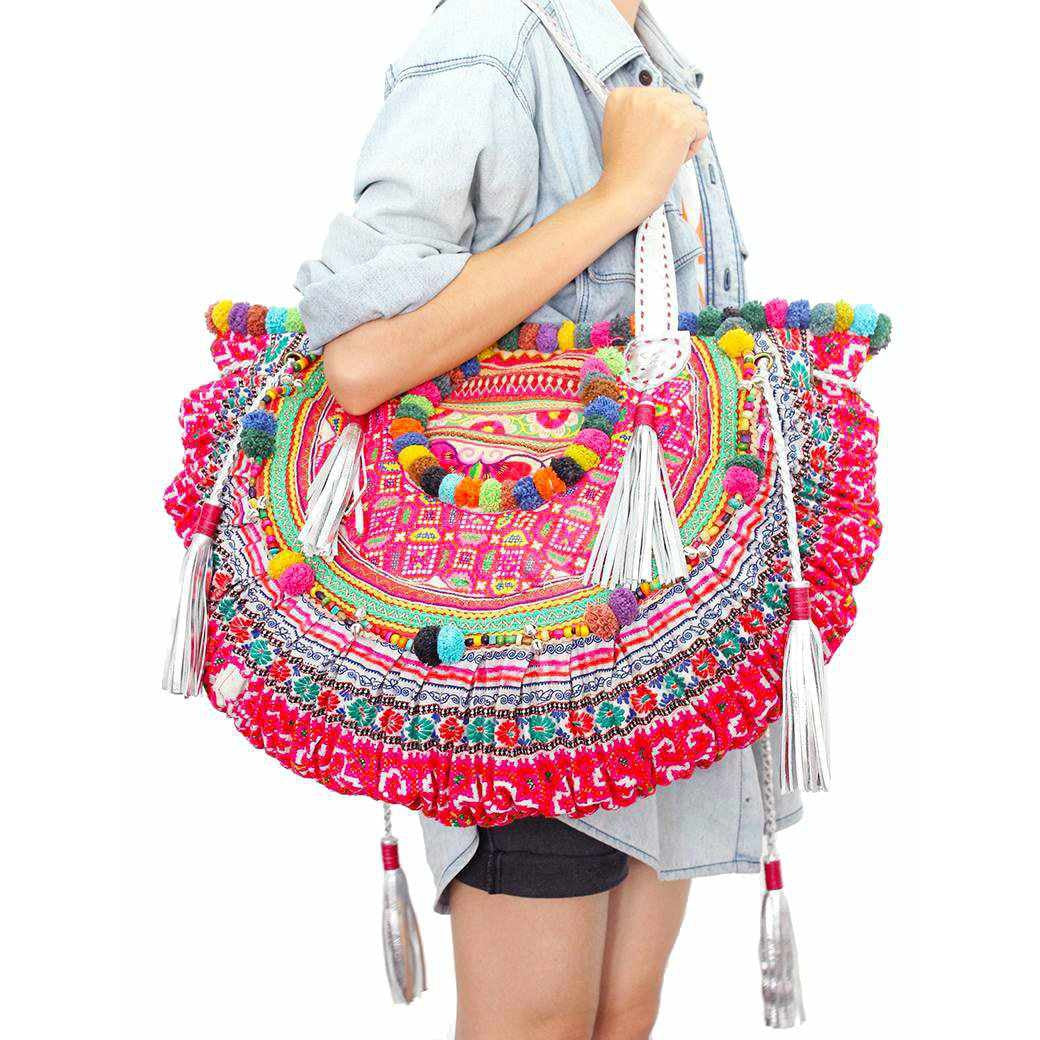 Ibiza Vintage Hmong Textile Half Moon Tote XL - Thailand-Bags-Lumily-Lumily MZ Fair Trade Nena & Co Hiptipico Novica Lucia's World emporium