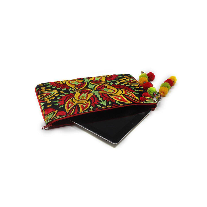Soila Embroidered Pompom Clutch | iPad Bag - Thailand-Bags-Lumily-Lumily MZ Fair Trade Nena & Co Hiptipico Novica Lucia's World emporium